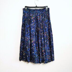 Vintage 90s Stringbean Pleated Midi Skirt Size  Large Blue Floral Rayon Pull On